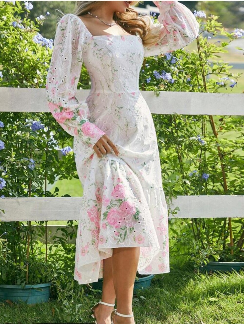 Shein Holidaya Romantic White Floral Eyelet MidiDress with Puff Sleeves.Romantic